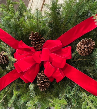 Classic Grave Blanket 5 ft with Red Bow and Pine Cones